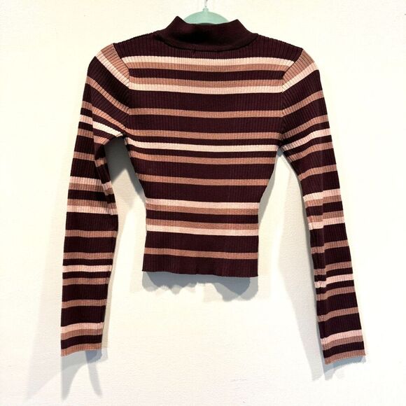 Sweater Tight Knit Mockneck Pullover Burgundy Stripe Stretch Retro Women Large - Picture 8 of 8